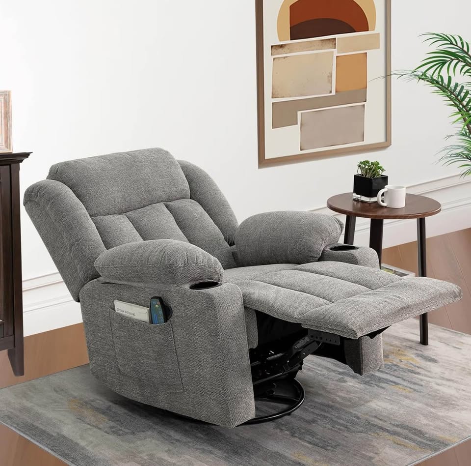 Ketaiyou Massage Recliner Chair โ Swivel, Rocking, Heated โ Lime Gray Fabric