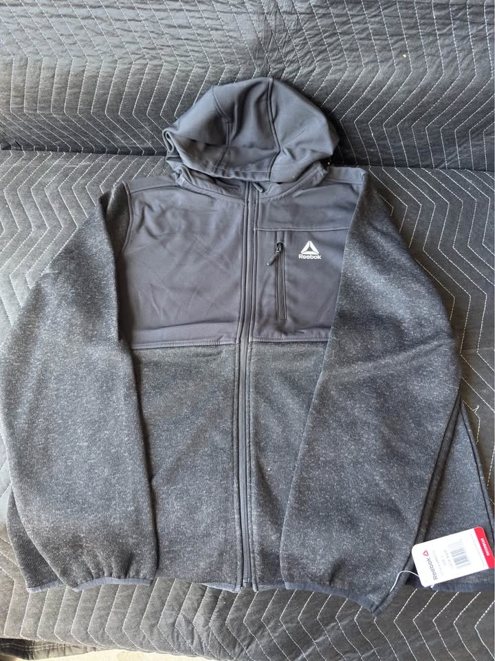 Reebok Men’s Full-Zip Dual-Fabric Hoodie – Heather Gray/Charcoal – Size L – Performance Activewear