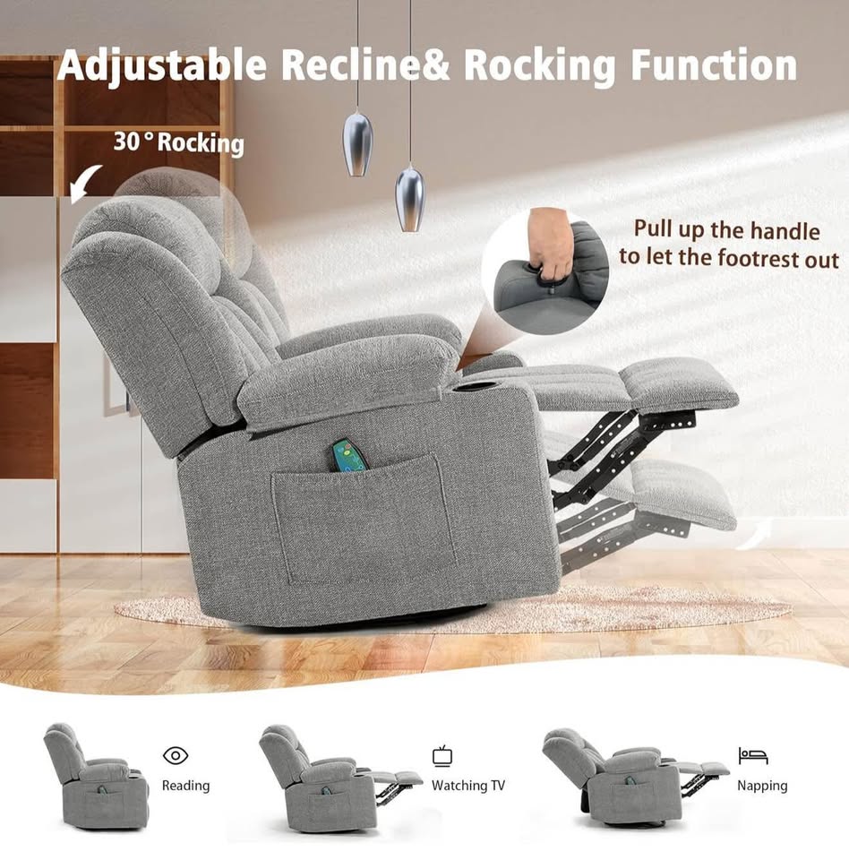 Ketaiyou Massage Recliner Chair โ Swivel, Rocking, Heated โ Lime Gray Fabric