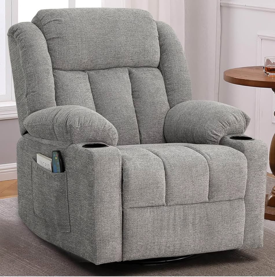 Ketaiyou Massage Recliner Chair โ Swivel, Rocking, Heated โ Lime Gray Fabric