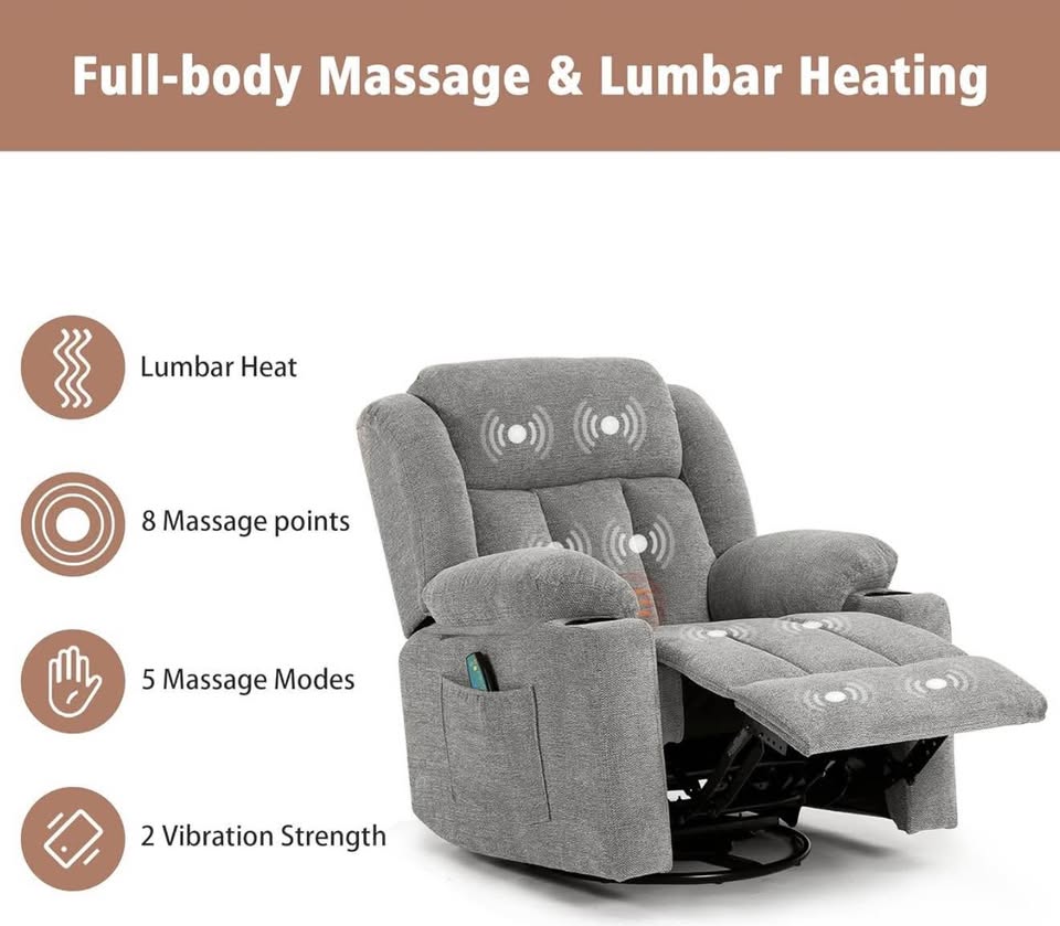 Ketaiyou Massage Recliner Chair โ Swivel, Rocking, Heated โ Lime Gray Fabric