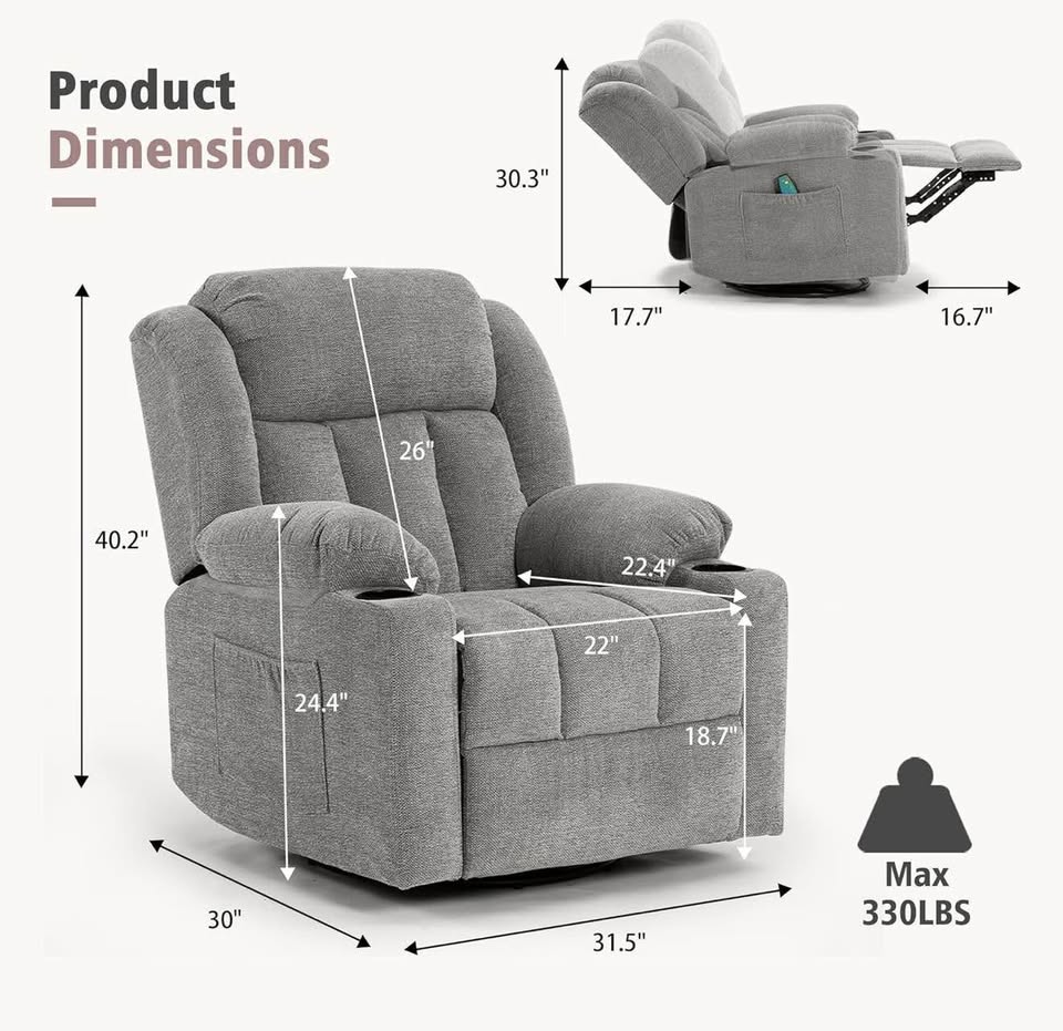 Ketaiyou Massage Recliner Chair โ Swivel, Rocking, Heated โ Lime Gray Fabric