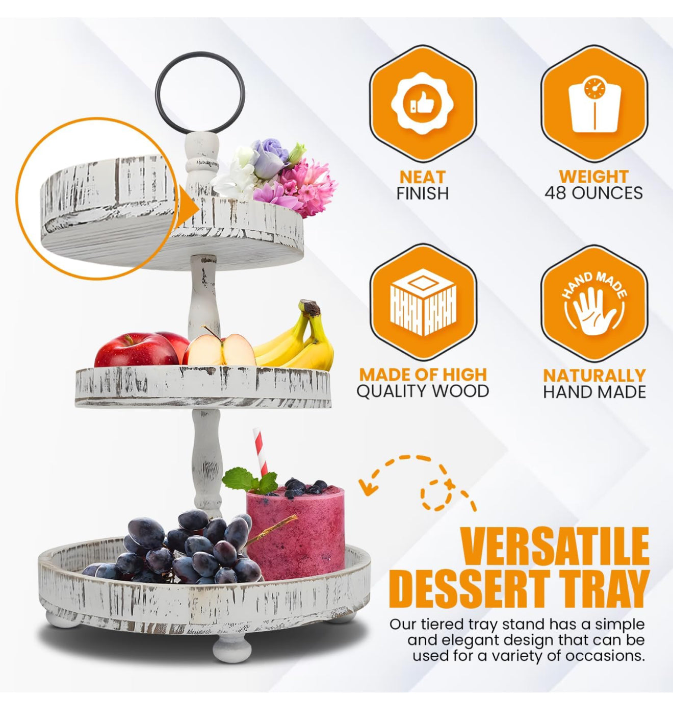 3-Tiered Wooden Tray – Distressed White Rustic Farmhouse Stand for Desserts, Fruit, Coffee, or Decor