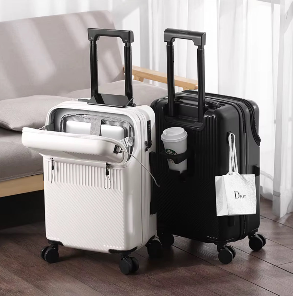 26” White Hardside Spinner Suitcase with Cup Holder & TSA Lock – Model 8028-C