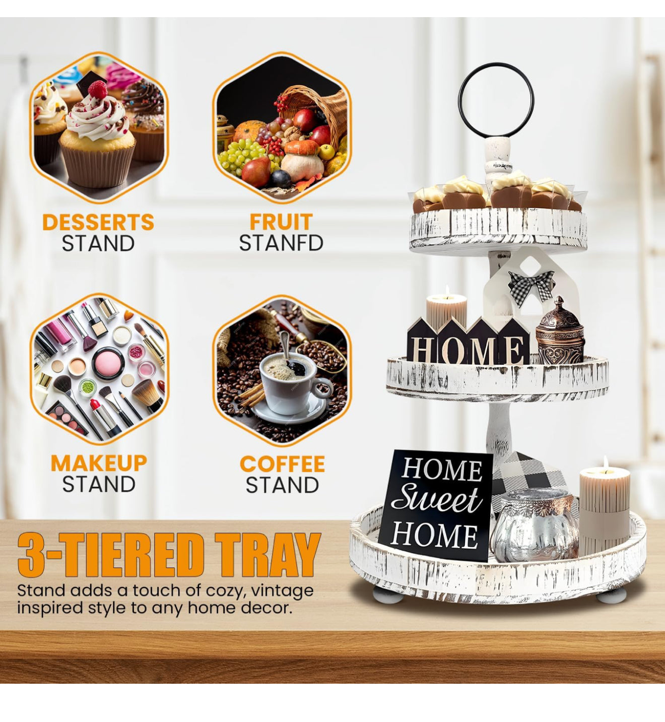 3-Tiered Wooden Tray – Distressed White Rustic Farmhouse Stand for Desserts, Fruit, Coffee, or Decor