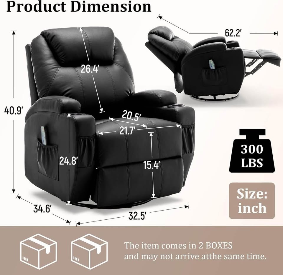 Recliner Chair, Rocking Chair with Massage and Heat, 360° Swivel Recliner Chairs for Adults, Rocker