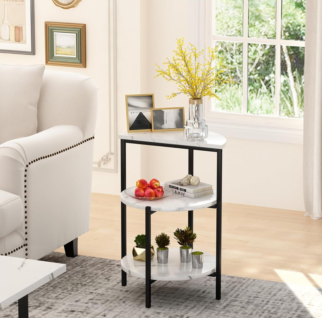 Modern 3-Piece White Marble Look Coffee & End Table Set with Black Metal Frame
