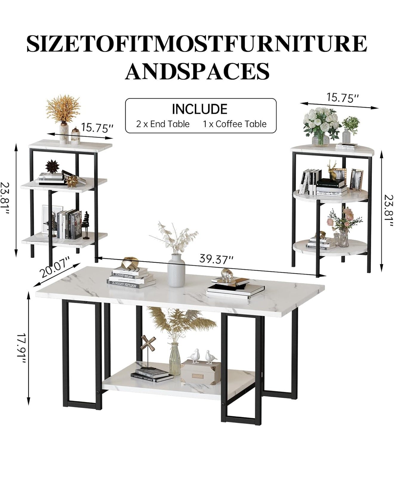 Modern 3-Piece White Marble Look Coffee & End Table Set with Black Metal Frame