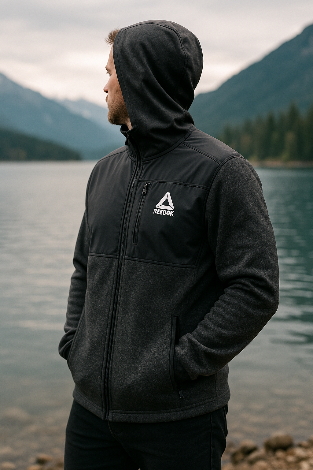 Reebok Men’s Full-Zip Dual-Fabric Hoodie – Heather Gray/Charcoal – Size L – Performance Activewear