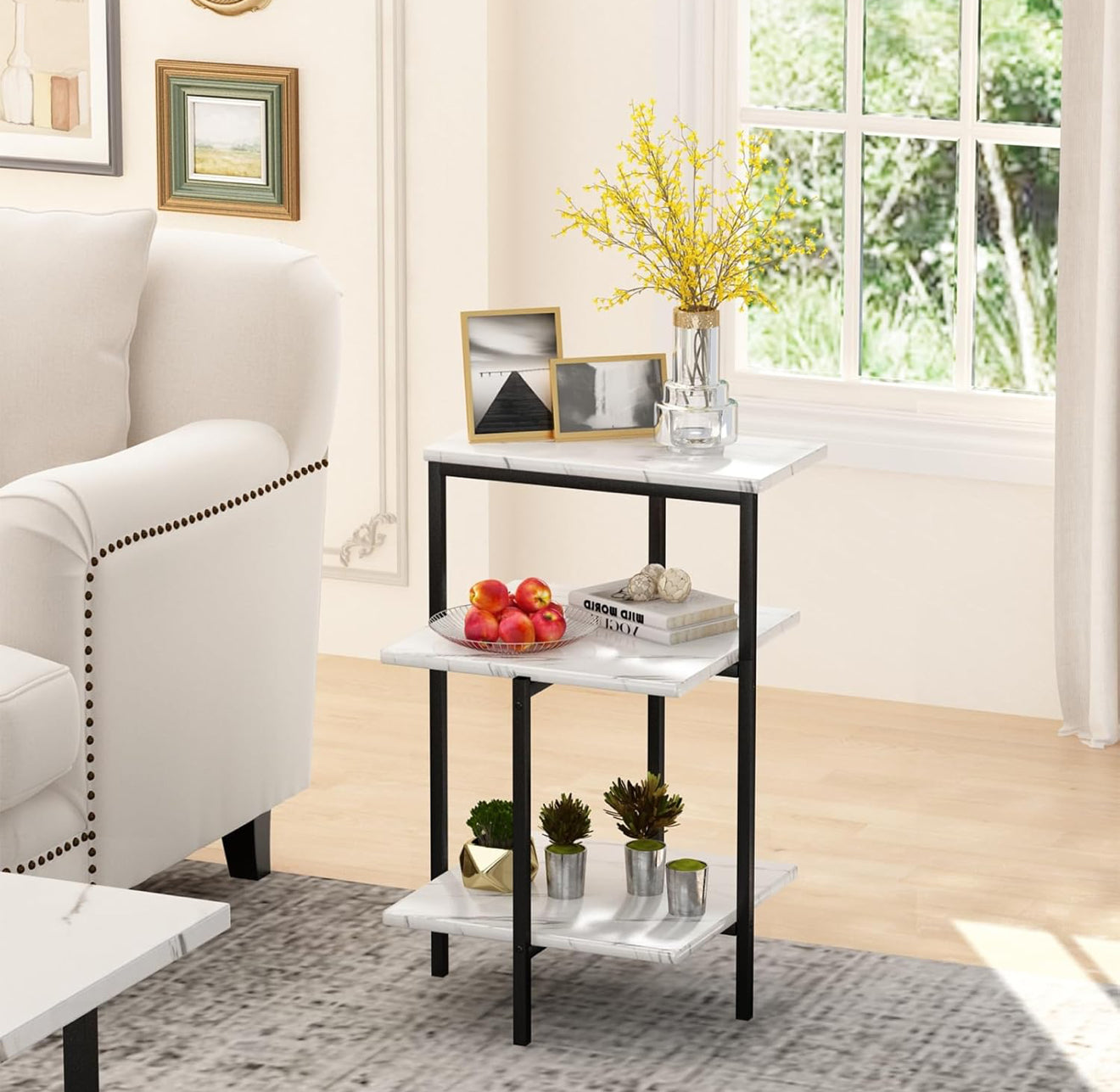 Modern 3-Piece White Marble Look Coffee & End Table Set with Black Metal Frame
