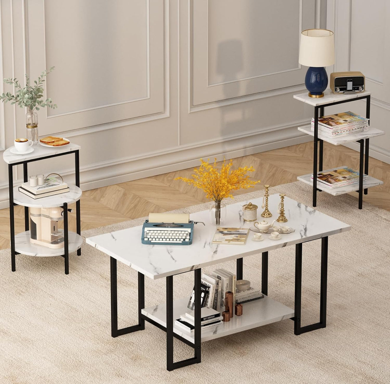 Modern 3-Piece White Marble Look Coffee & End Table Set with Black Metal Frame