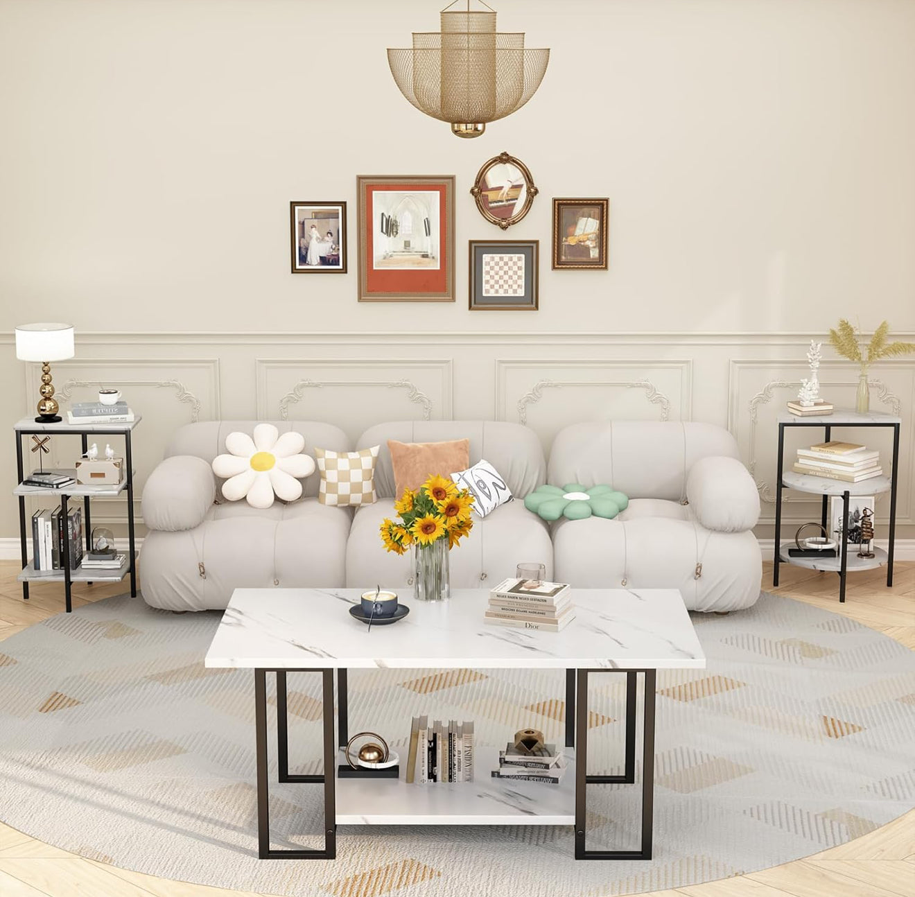 Modern 3-Piece White Marble Look Coffee & End Table Set with Black Metal Frame