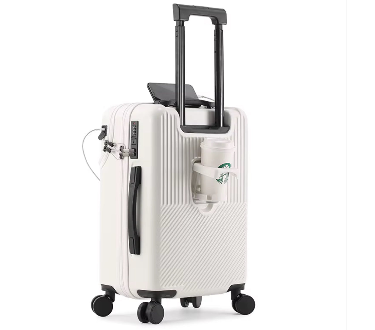 26” White Hardside Spinner Suitcase with Cup Holder & TSA Lock – Model 8028-C